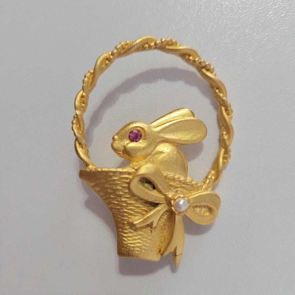 AS Signed Vintage Gold Tone Easter Bunny Basket Brooch Pin Rhinestone Eye Bow